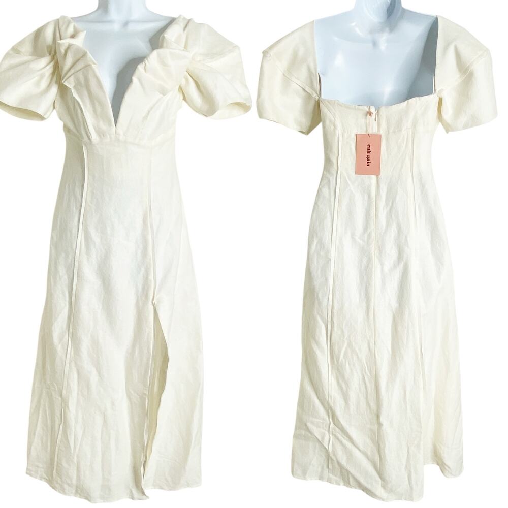NWT Cult Gaia Muna Linen Raw Edge Cream Puff Sleeve Midi Dress 2 - Picture 5 of 9